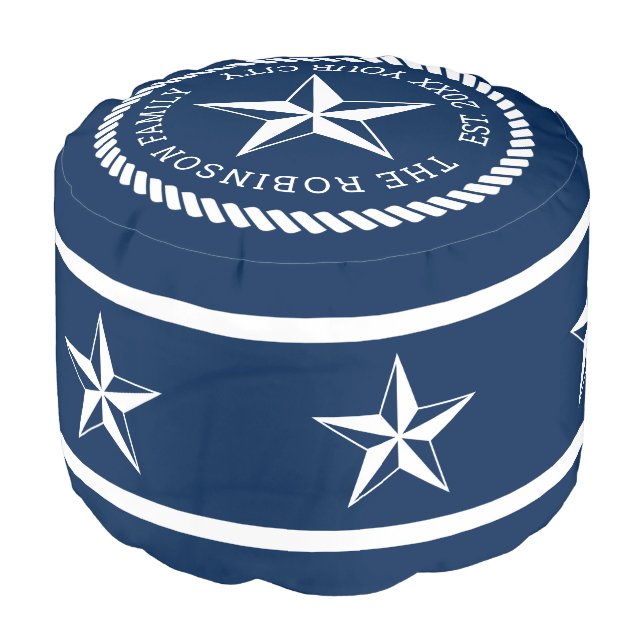 Custom nautical navy blue star beach home pouf (Angled Front)
