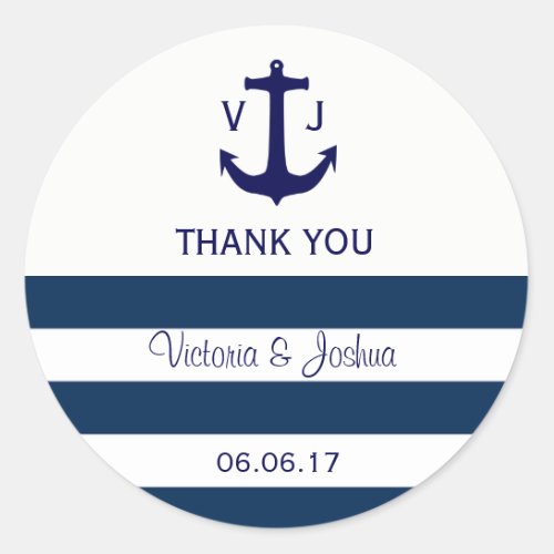 Custom Nautical Navy Blue Stripes Anchor Wedding Classic Round Sticker