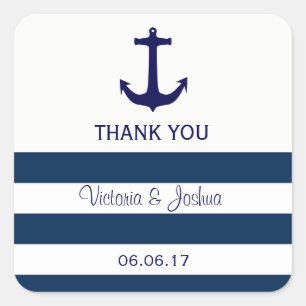 Custom Nautical Navy Blue Stripes Anchor Wedding Square Sticker