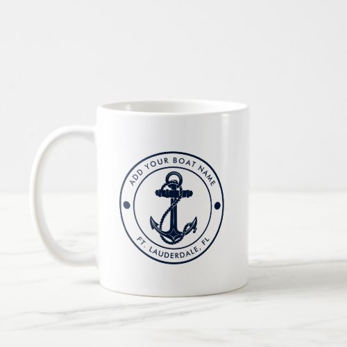 Custom Nautical Navy Blue White Boat Name Coffee Mug