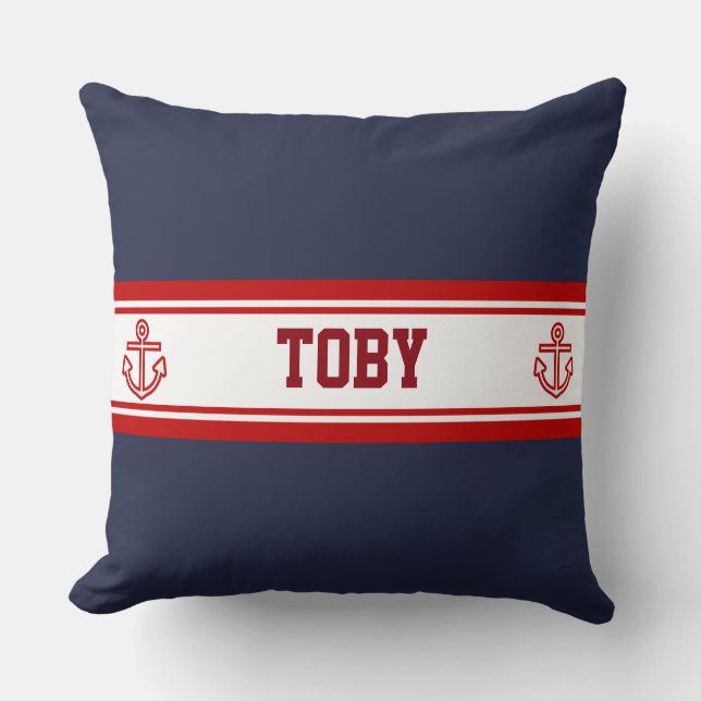 Custom Nautical Navy Red Stripes Throw Pillow (Front)