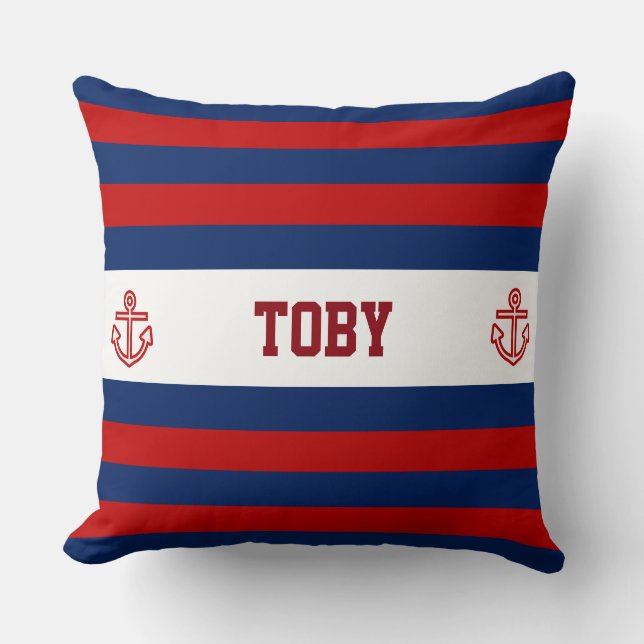 Custom Nautical Navy Red Stripes Throw Pillow (Front)