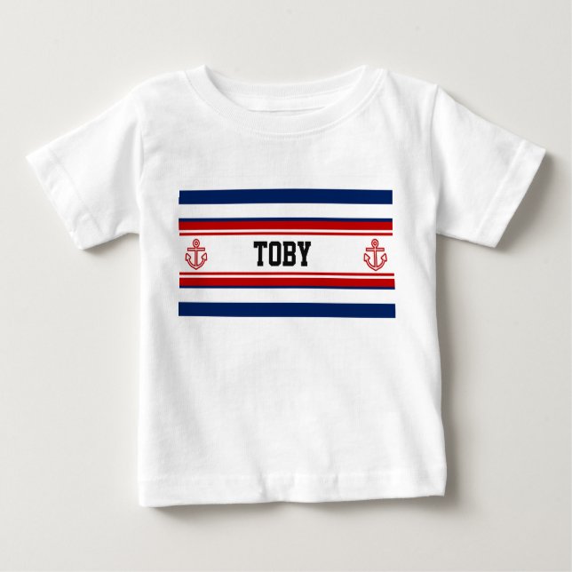 Custom Nautical Navy White Stripes Baby T-Shirt (Front)