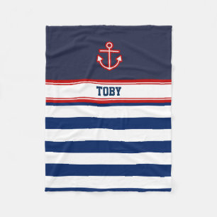 Custom Nautical Navy White Stripes Fleece Blanket