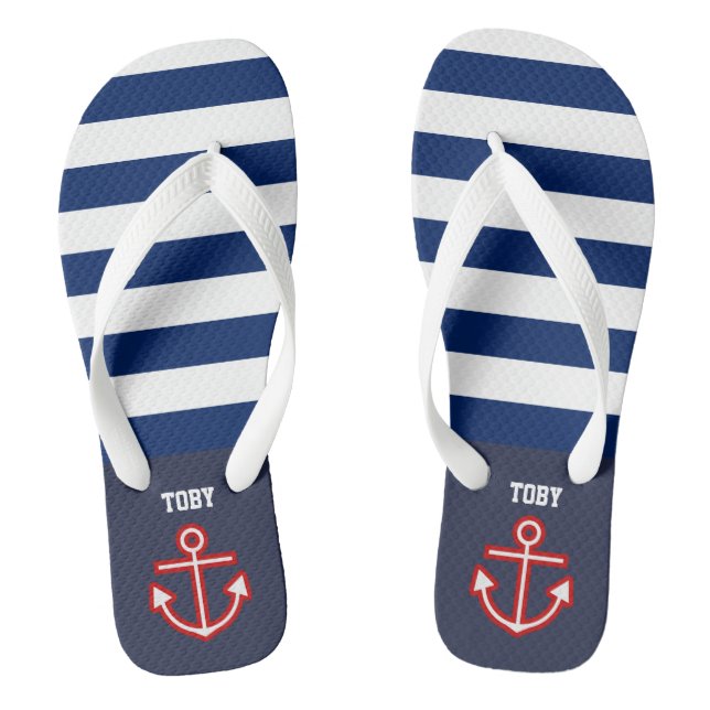 Custom Nautical Navy White Stripes Flip Flops (Footbed)
