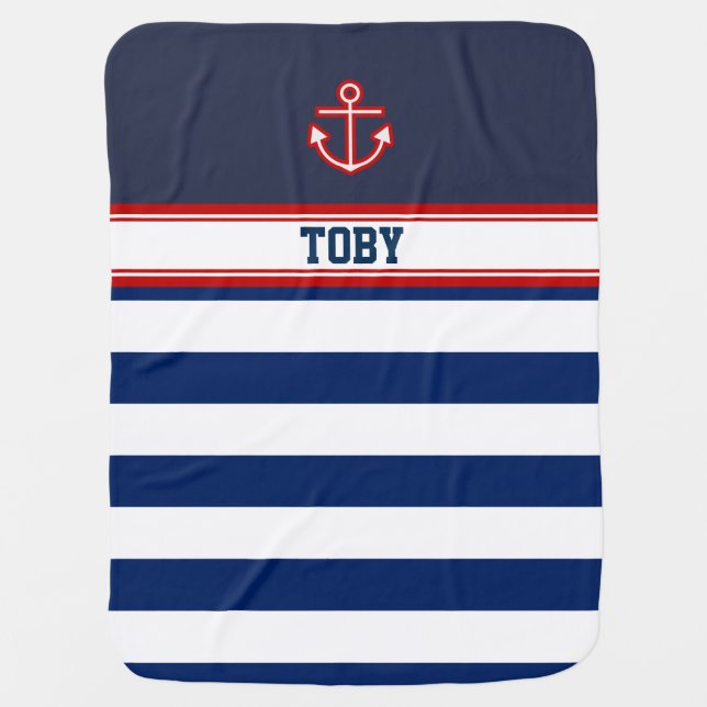 Custom Nautical Navy White Stripes Swaddle Blanket (Front)