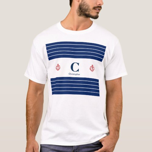 Custom Nautical Navy White Stripes T_Shirt
