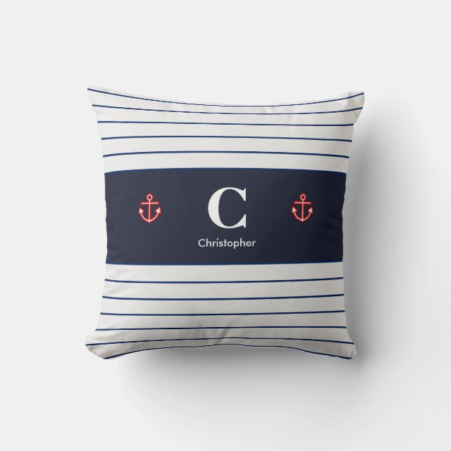 Custom Nautical Navy White Stripes Throw Pillow (Front)