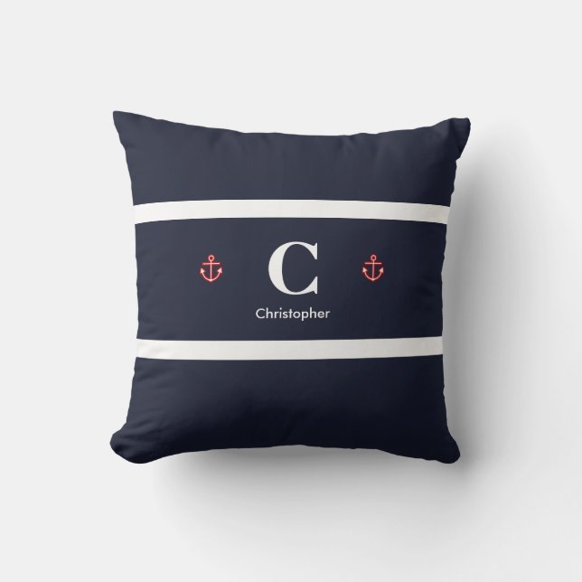 Custom Nautical Navy White Stripes Throw Pillow (Front)