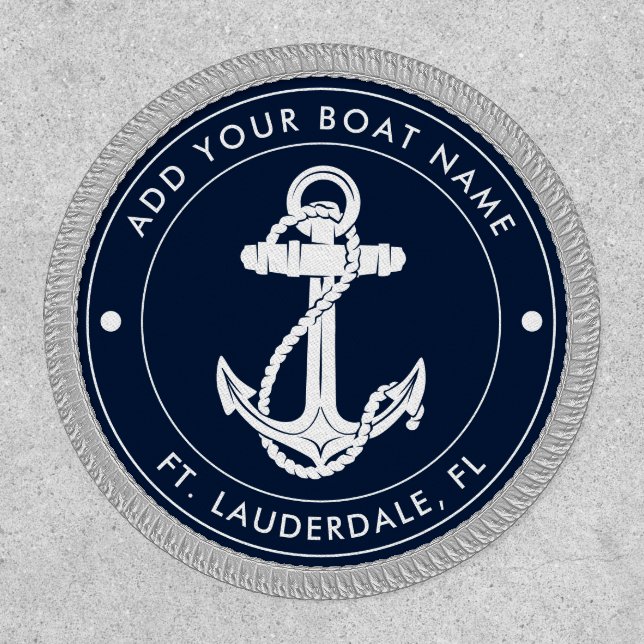Custom Nautical Ocean Navy Blue Anchor Boat Name Patch (Front)