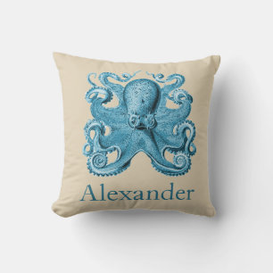 Custom Nautical Octopus in Blue and Tan Throw Pillow