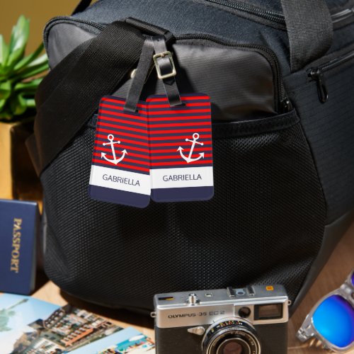 Custom Nautical Red White Blue Striped Pattern Luggage Tag