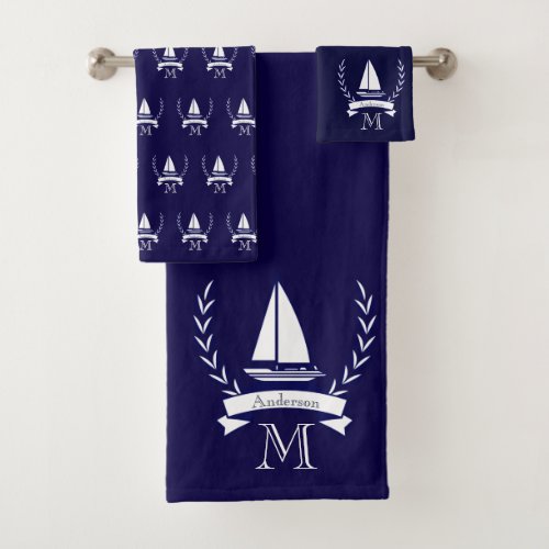 Custom Nautical  Sailboat Bathroom Ocean Navy Blue Bath Towel Set
