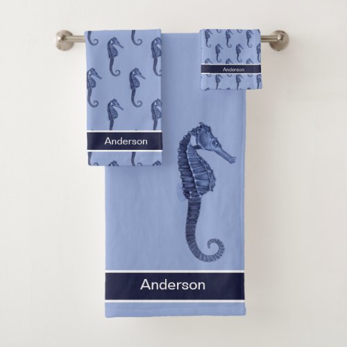 Custom Nautical Seahorse Bathroom  Blue Bath Towel Set