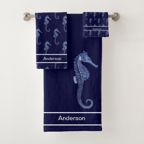 Custom Nautical Seahorse Bathroom Navy Blue  Bath Towel Set