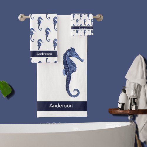 Custom Nautical Seahorse Bathroom Sea Blue Bath To Bath Towel Set