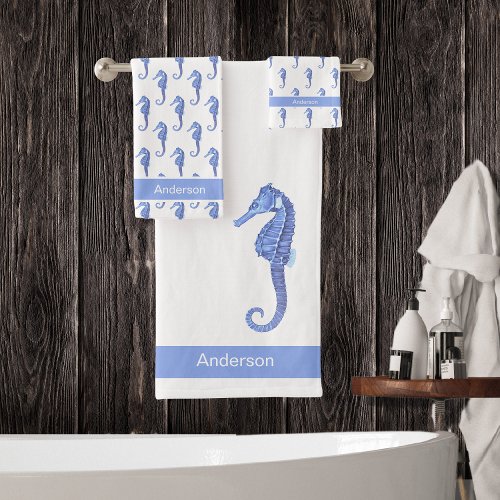 Custom Nautical Seahorse Bathroom Sea Blue Bath Towel Set