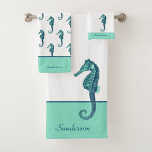 Seahorse fingertip towel FREE SHIP aqua applique  bathroom sea horse 