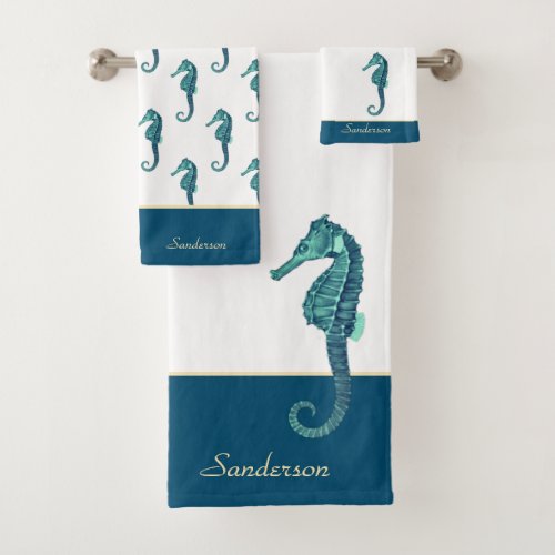 Custom Nautical Seahorse Bathroom Teal Blue Aqua B Bath Towel Set