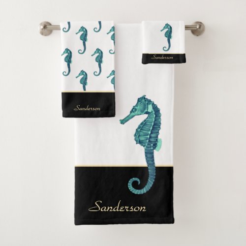 Custom Nautical Seahorse Bathroom Teal Blue Aqua  Bath Towel Set