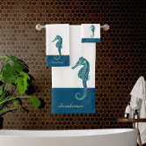 Custom Nautical Seahorse Bathroom Sea Blue Bath Towel Set, Zazzle in 2023