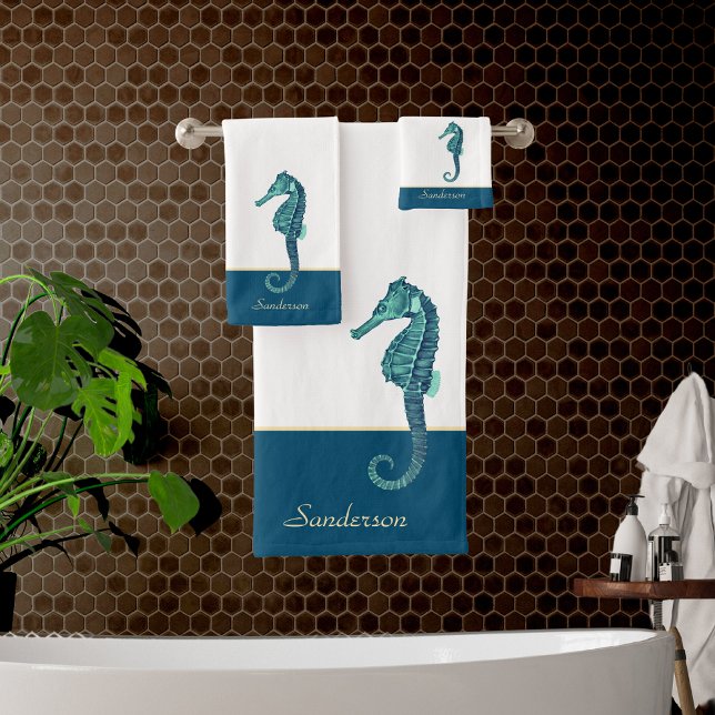 Custom Nautical Seahorse Bathroom Teal Blue Aqua Bath Towel Set (Creator Uploaded)