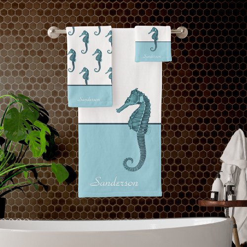 Custom Nautical Seahorse Bathroom Teal Blue Aqua Bath Towel Set