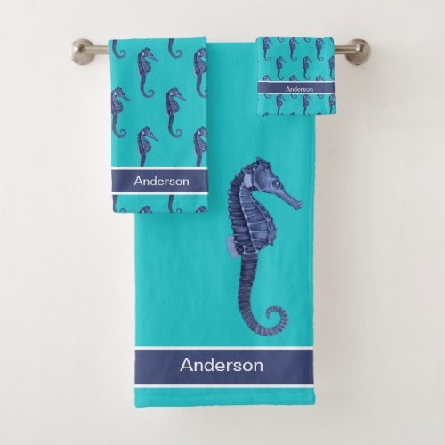 Custom Nautical Seahorse Bathroom Turquoise  Blue Bath Towel Set