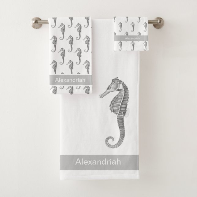 Custom Nautical Seahorse Gray and White Bathroom Bath Towel Set (Insitu)