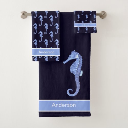 Custom Nautical Seahorse Light Blue Navy White Bath Towel Set