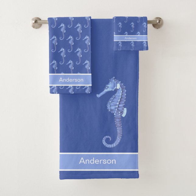 Custom Nautical Seahorse Light Blue White Bath Towel Set (Insitu)