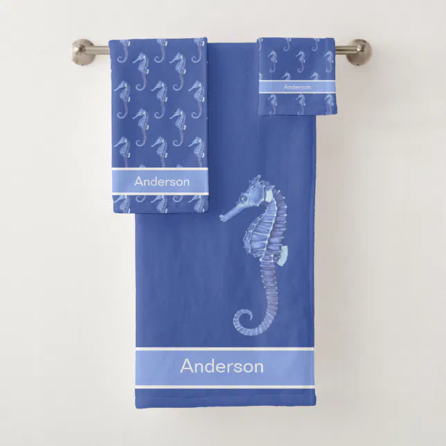 Custom Nautical Seahorse Light Blue White Bath Towel Set Zazzle