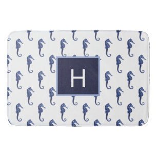 Custom Nautical Seahorse Navy Blue Ocean Beach Bath Mat