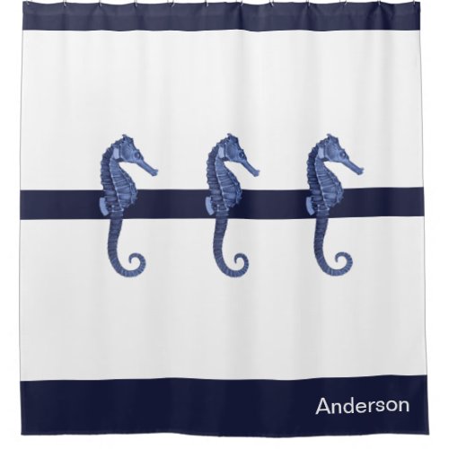 Custom Nautical Seahorse Navy Blue Ocean Beach  Shower Curtain