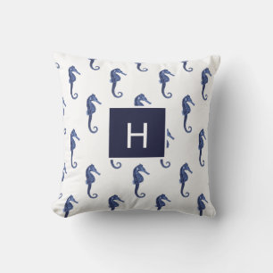 Custom Nautical Seahorse Navy Blue Ocean Beach Thr Throw Pillow