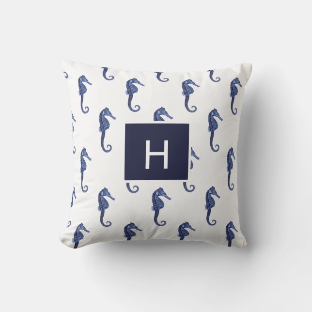 Custom Nautical Seahorse Navy Blue Ocean Beach Thr Throw Pillow (Front)