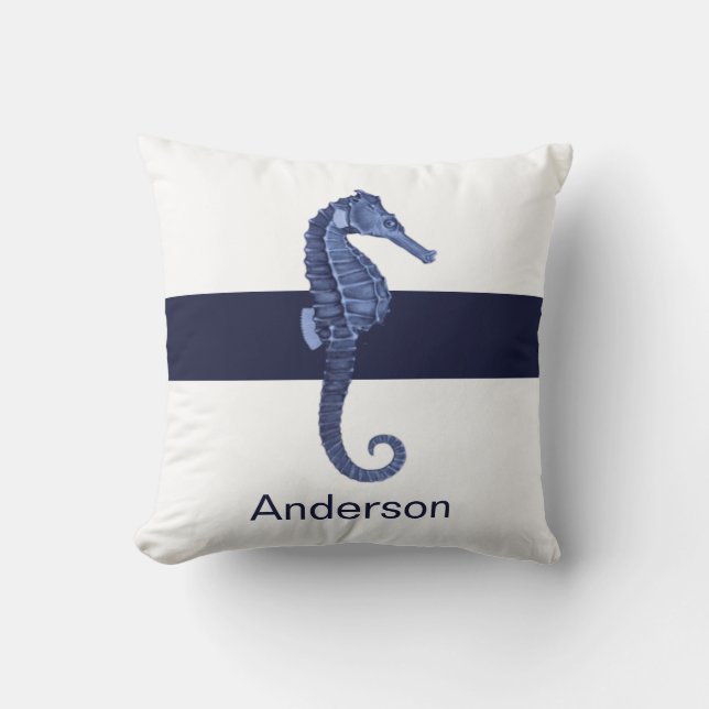 Custom Nautical Seahorse Navy Blue Ocean Beach Throw Pillow (Front)