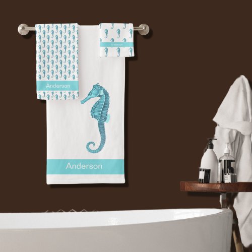 Custom Nautical Seahorse Teal Bathroom Blue Aqua Bath Towel Set