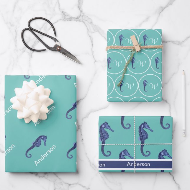 Custom Nautical Seahorse teal Monogrammed Wrapping Paper Sheets (Front)