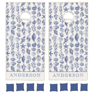 Custom Nautical Seashells Blue Sketch Beach House Cornhole Set