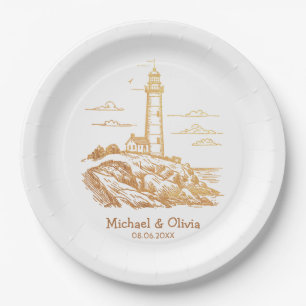 Custom Nautical Seaside Lighthouse Wedding Gold  Paper Plates