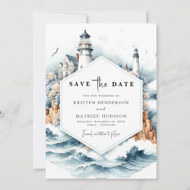 Custom Nautical Style Lighthouse Wedding Save The Date (Front)