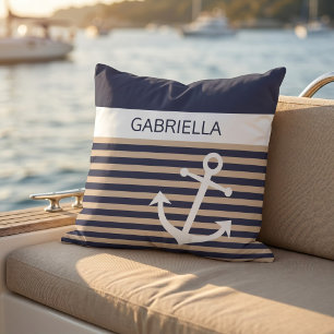 Custom Nautical Taupe Beige Brown Stripe Pattern Outdoor Pillow