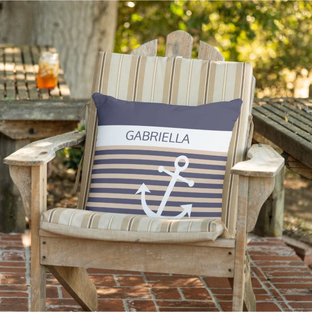 Custom Nautical Taupe Beige Brown Stripe Pattern Outdoor Pillow (Chair)