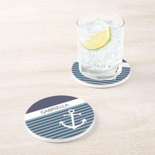 Custom Nautical Teal Blue Green Stripe Pattern Coaster (Side)