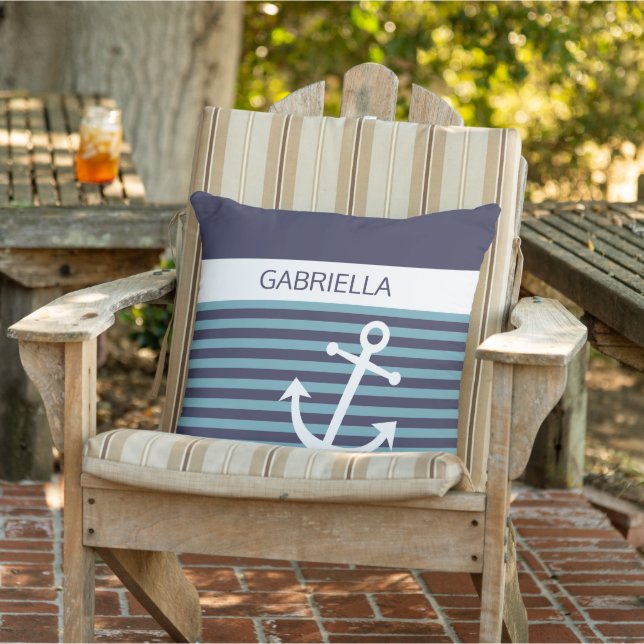 Custom Nautical Teal Blue Green Stripe Pattern Outdoor Pillow (Chair)