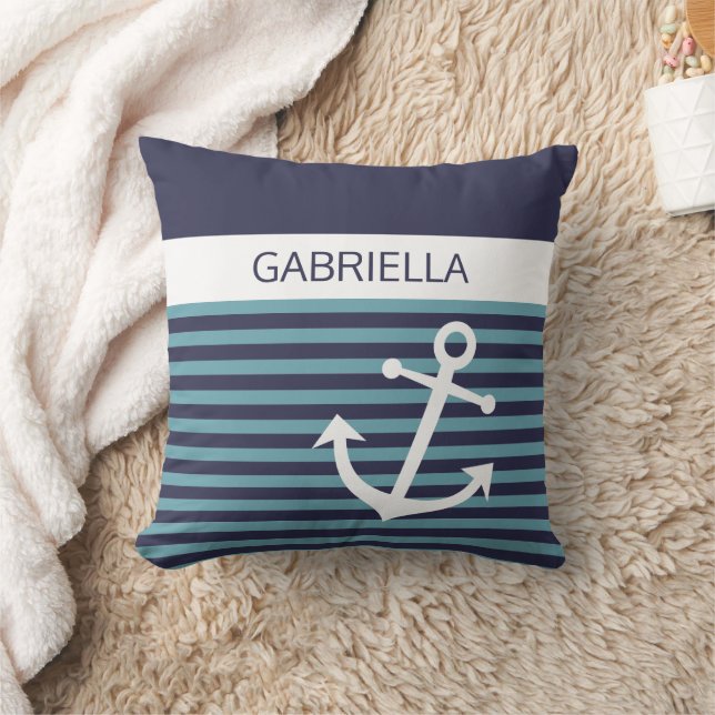 Custom Nautical Teal Blue Green Stripe Pattern Throw Pillow (Blanket)