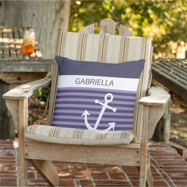 Custom Nautical Violet Purple Stripe Pattern Outdo Outdoor Pillow (Chair)