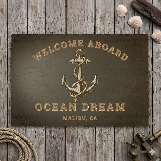 Custom Nautical Welcome Aboard, Boat Name Anchor Fiber Doormat (Creator Uploaded)