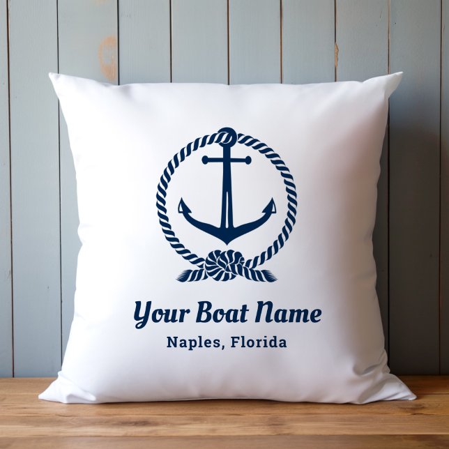 Custom Nautical White and Navy Boat Name Anchor Throw Pillow (Creator Uploaded)